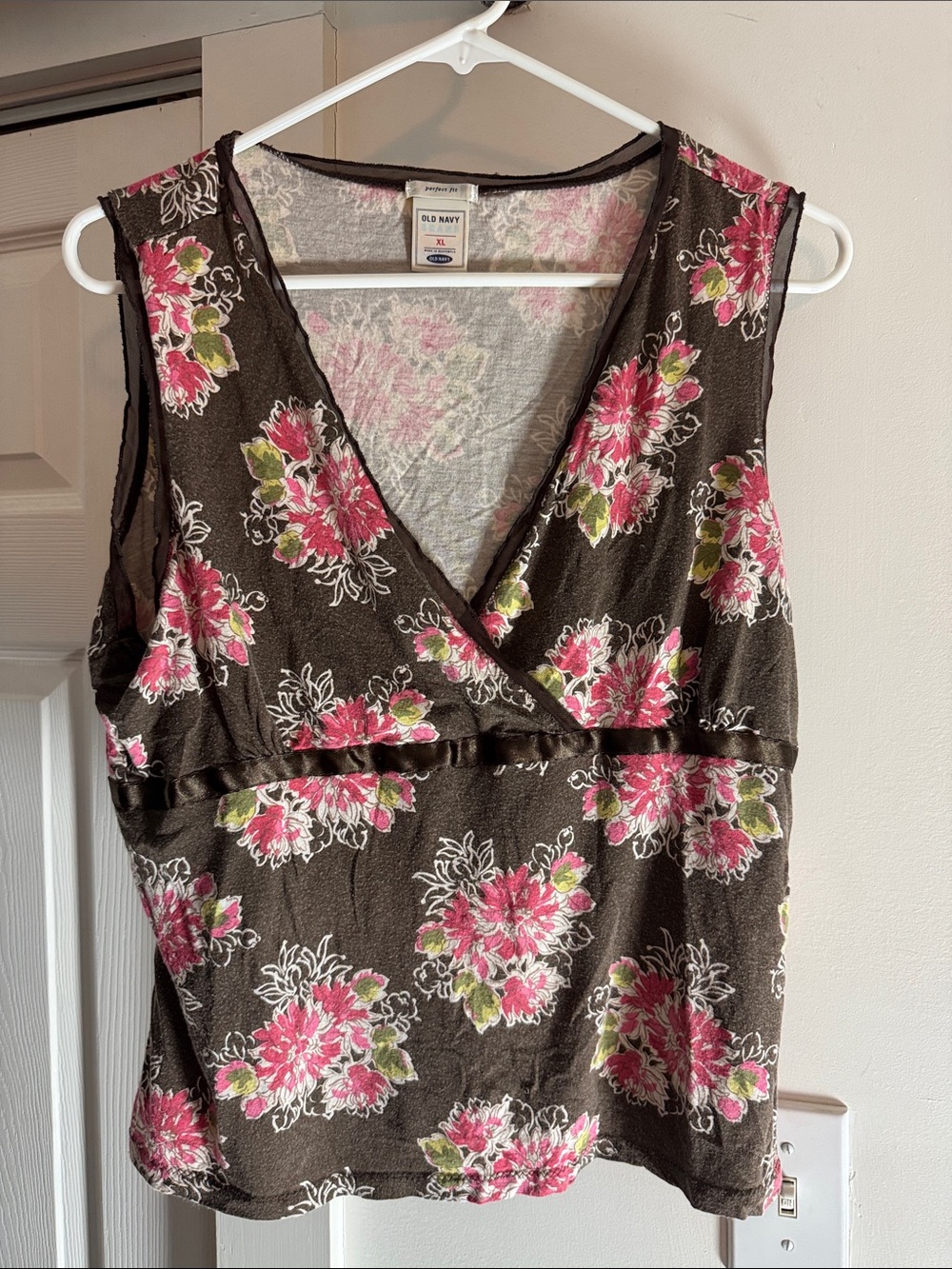Old Navy Brown Floral Wrap Tank with Pink and Green Accents